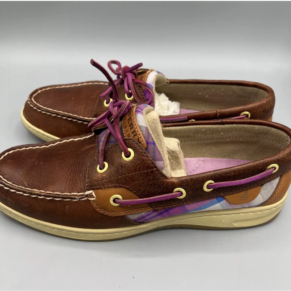 Sperry Top Sider Women's Brown Leather Purple Plaid Flat Shoes
